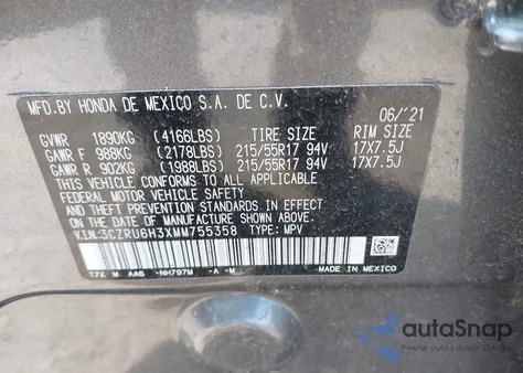 2021 Honda Hr-V Awd Lx from USA, damaged, VIN 3CZRU6H3XMM755358